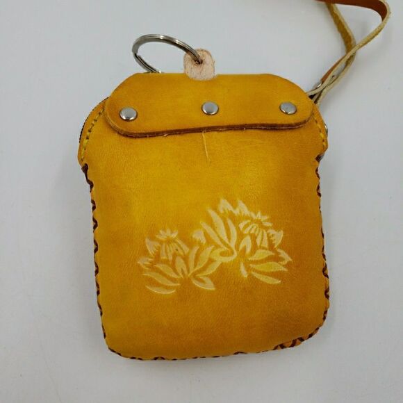 Zen Frog Keychain Wristlet Gift Handmade Leather Wallet Tooled Coin Purse Yoga - Picture 4 of 15